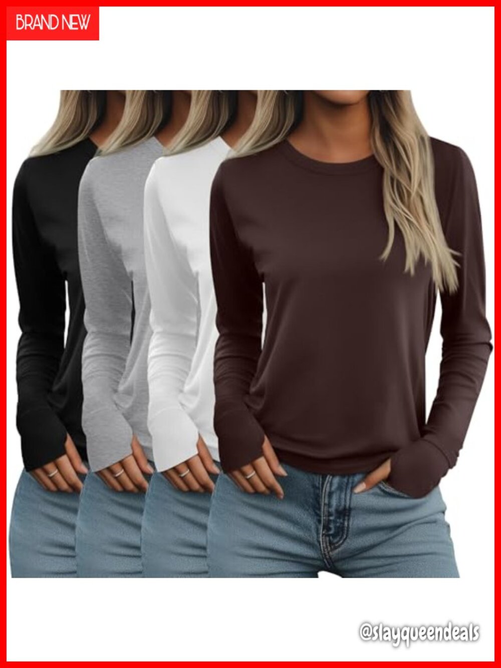 Women's Long Sleeve Thumb Hole T-Shirts 4 Pack Loose Fit Tunic Tops